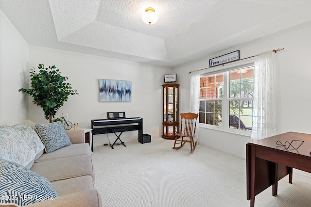 5566 Don Manuel Rd, Elkton, FL 32033 - carpeted living room with a textured ceiling and a tray ceiling