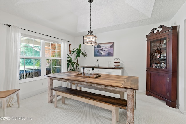 5566 Don Manuel Rd, Elkton, FL 32033 - dining space featuring light colored carpet, a textured ceiling, and a chandelier
