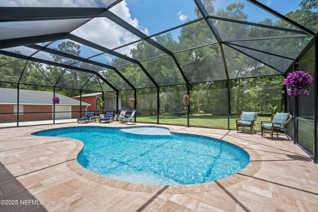 5566 Don Manuel Rd, Elkton, FL 32033 - outdoor pool featuring a patio area, a lanai, and a storage unit