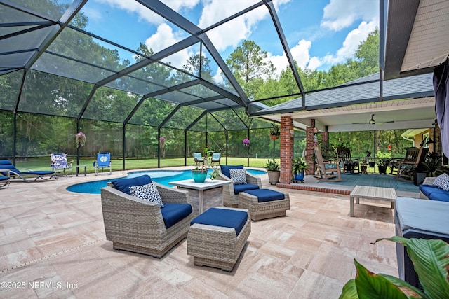 5566 Don Manuel Rd, Elkton, FL 32033 - view of patio with an outdoor pool, ceiling fan, a lanai, and an outdoor living space