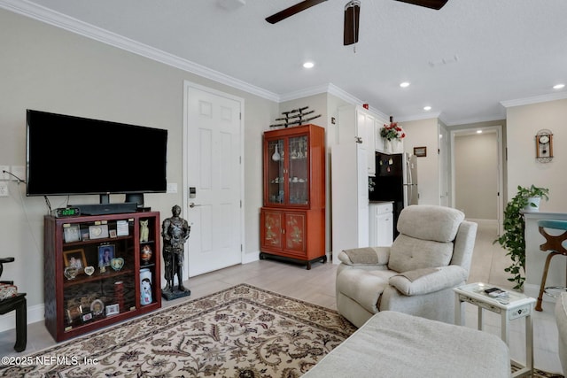 363 Latrobe Ave, Saint Augustine, FL 32095 - living room with ceiling fan, recessed lighting, and ornamental molding
