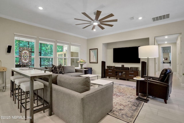 363 Latrobe Ave, Saint Augustine, FL 32095 - living area featuring ceiling fan, crown molding, and recessed lighting