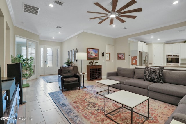 363 Latrobe Ave, Saint Augustine, FL 32095 - living room featuring ceiling fan, light tile patterned floors, ornamental molding, and recessed lighting