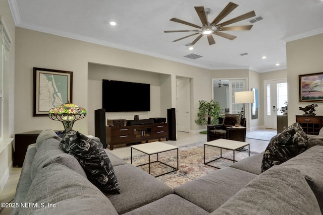 363 Latrobe Ave, Saint Augustine, FL 32095 - tiled living area with a ceiling fan, ornamental molding, and recessed lighting