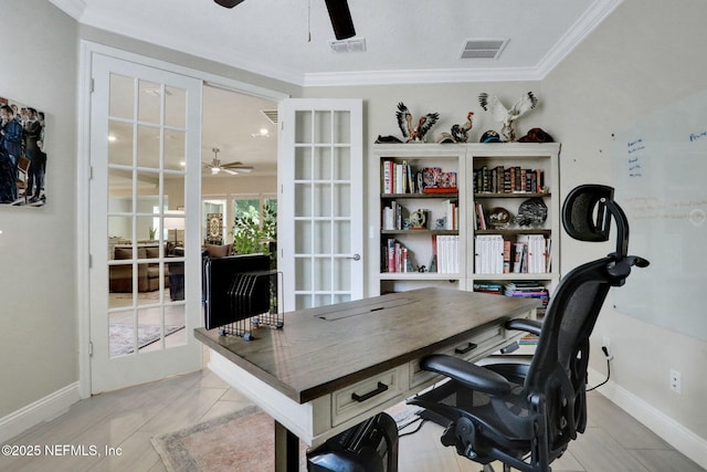 363 Latrobe Ave, Saint Augustine, FL 32095 - office space with ceiling fan, ornamental molding, and french doors