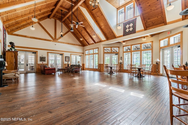 1083 Three Forks Ct, Saint Augustine, FL 32092 - living area featuring french doors, high vaulted ceiling, a ceiling fan, wood-type flooring, and a wooden ceiling with exposed beams