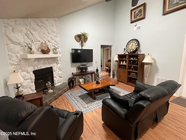 1855 N Alberta Ct, Middleburg, FL 32068 - living area featuring wood finished floors, a stone fireplace, and vaulted ceiling