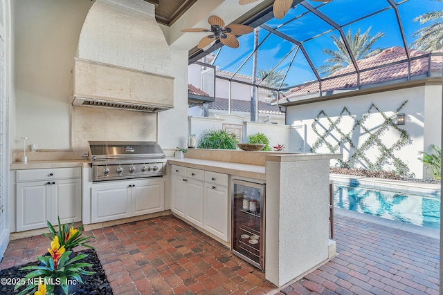112 Harbourmaster Ct, Ponte Vedra Beach, FL 32082 - view of patio / terrace featuring wine cooler, area for grilling, an outdoor pool, glass enclosure, and a ceiling fan