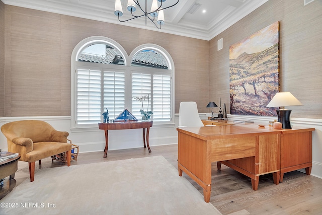 112 Harbourmaster Ct, Ponte Vedra Beach, FL 32082 - office area featuring crown molding, a chandelier, light wood-style flooring, beam ceiling, and coffered ceiling