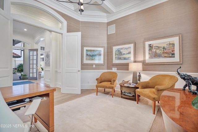 112 Harbourmaster Ct, Ponte Vedra Beach, FL 32082 - home office with ornamental molding, light wood-style flooring, coffered ceiling, and beamed ceiling