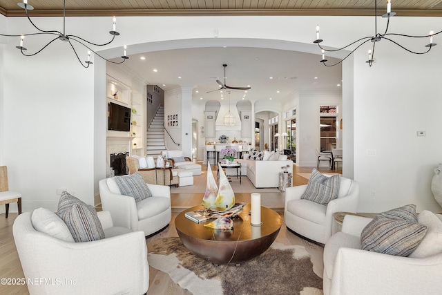 112 Harbourmaster Ct, Ponte Vedra Beach, FL 32082 - living area featuring arched walkways, a chandelier, recessed lighting, wood finished floors, and ceiling fan