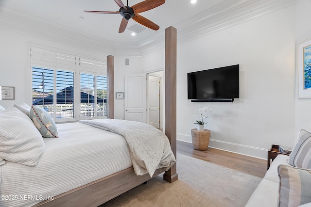 112 Harbourmaster Ct, Ponte Vedra Beach, FL 32082 - bedroom featuring ornamental molding, wood finished floors, ceiling fan, and recessed lighting