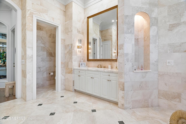 112 Harbourmaster Ct, Ponte Vedra Beach, FL 32082 - full bath with ornamental molding, tile walls, and vanity