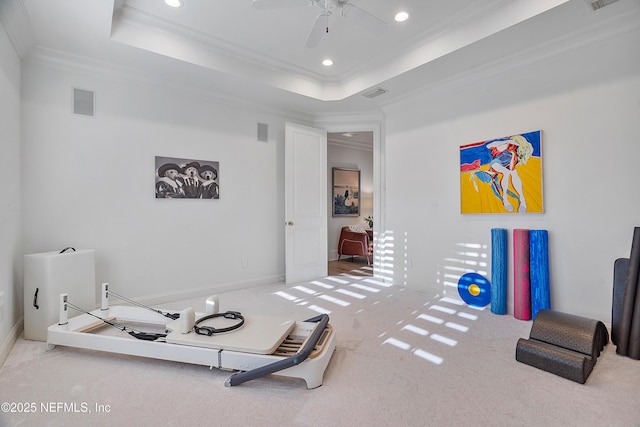 112 Harbourmaster Ct, Ponte Vedra Beach, FL 32082 - exercise area with crown molding, ceiling fan, recessed lighting, carpet, and a raised ceiling