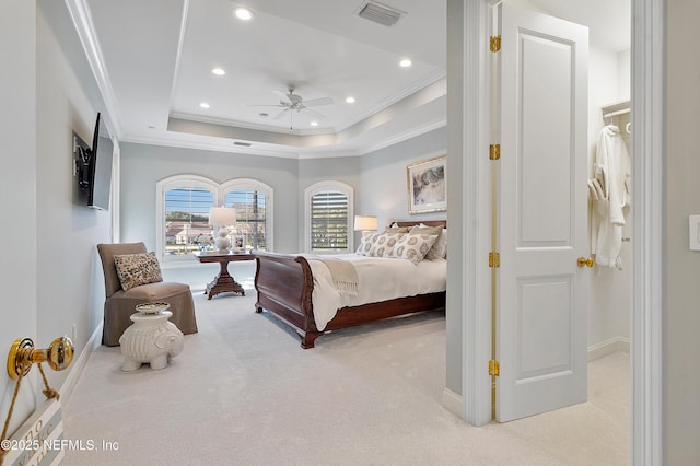 112 Harbourmaster Ct, Ponte Vedra Beach, FL 32082 - carpeted bedroom with ornamental molding, recessed lighting, a raised ceiling, and a ceiling fan