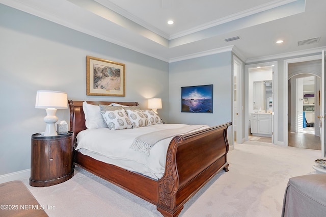 112 Harbourmaster Ct, Ponte Vedra Beach, FL 32082 - bedroom with crown molding, light carpet, arched walkways, recessed lighting, and ensuite bath