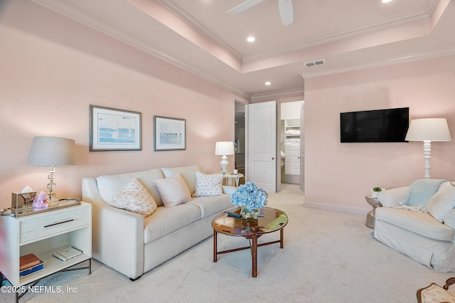 112 Harbourmaster Ct, Ponte Vedra Beach, FL 32082 - living area with a raised ceiling, light carpet, recessed lighting, crown molding, and a ceiling fan