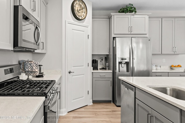 902 Orange Branch Trl, Saint Johns, FL 32259 - kitchen with stainless steel appliances, gray cabinets, light wood-style flooring, and light stone countertops