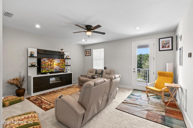 902 Orange Branch Trl, Saint Johns, FL 32259 - living area with light carpet, ceiling fan, and recessed lighting