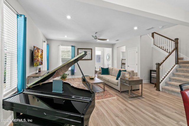 902 Orange Branch Trl, Saint Johns, FL 32259 - living area featuring stairs, ceiling fan, light wood-style floors, and recessed lighting