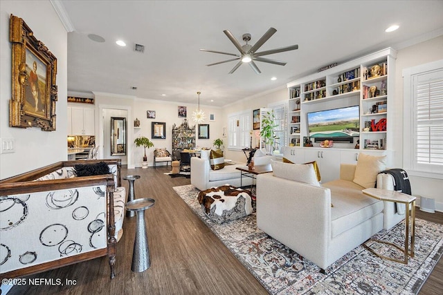 1639 Maritime Oak Dr, Atlantic Beach, FL 32233 - living area featuring a ceiling fan, dark wood finished floors, recessed lighting, and ornamental molding