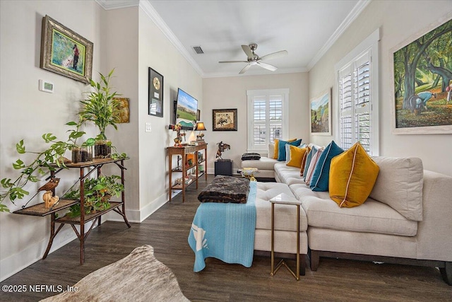 1639 Maritime Oak Dr, Atlantic Beach, FL 32233 - living area with dark wood-style floors, ornamental molding, and ceiling fan