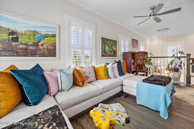 1639 Maritime Oak Dr, Atlantic Beach, FL 32233 - living area with crown molding, a ceiling fan, and wood finished floors