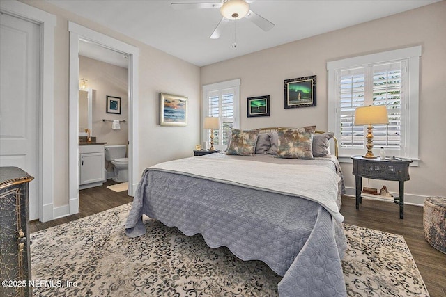 1639 Maritime Oak Dr, Atlantic Beach, FL 32233 - bedroom with dark wood finished floors, ensuite bathroom, and a ceiling fan