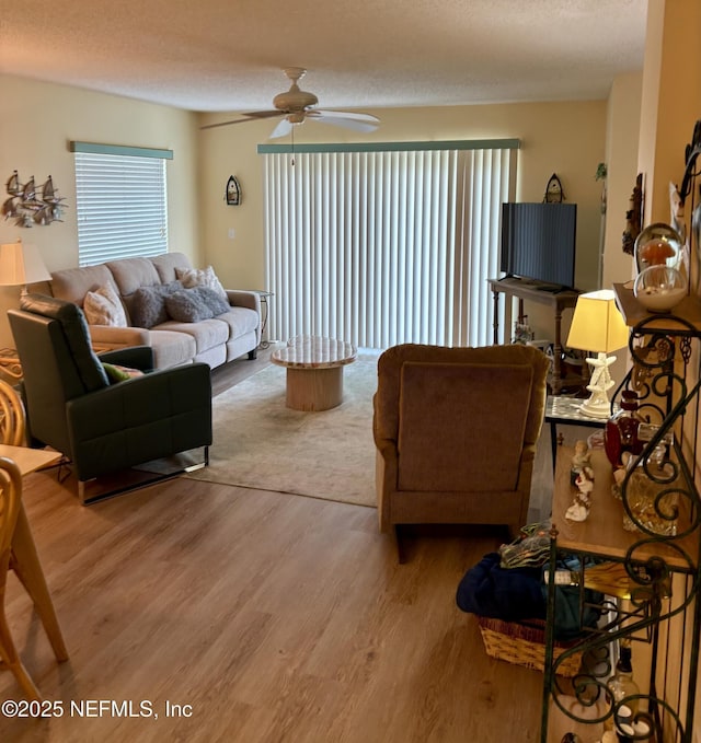 4250 A1A Unit R19, Saint Augustine, FL 32080 - living area with wood finished floors, a ceiling fan, and a textured ceiling