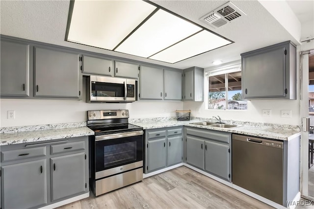 kitchen with stainless steel appliances, light countertops, gray cabinets, and visible vents