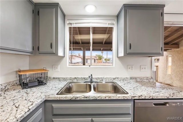 kitchen featuring dishwashing machine, gray cabinets, and a sink