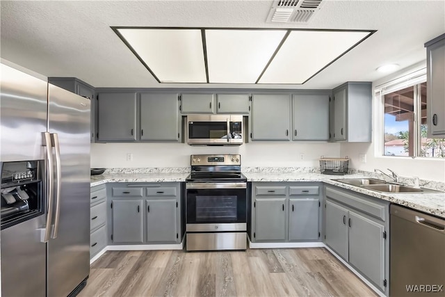 kitchen featuring appliances with stainless steel finishes, a sink, visible vents, and gray cabinetry