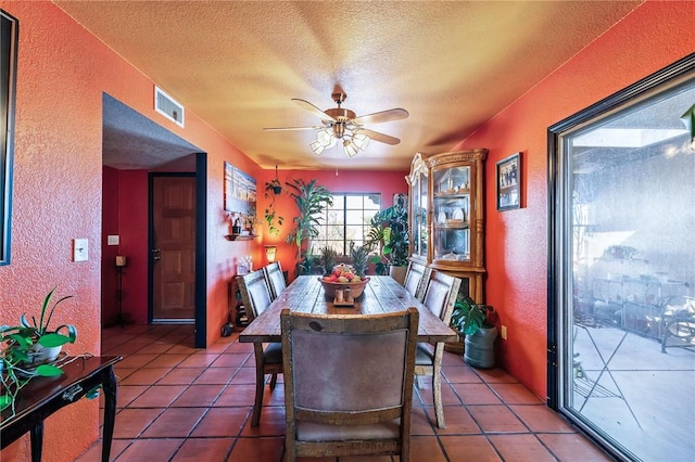 4390 El Camino Rd, Bullhead City, AZ 86429 - dining area featuring a textured wall, a textured ceiling, a ceiling fan, and tile patterned flooring