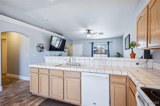 4403 S Via Rialto Ln, Fort Mohave, AZ 86426 - kitchen with a peninsula, white appliances, ceiling fan, arched walkways, and a sink