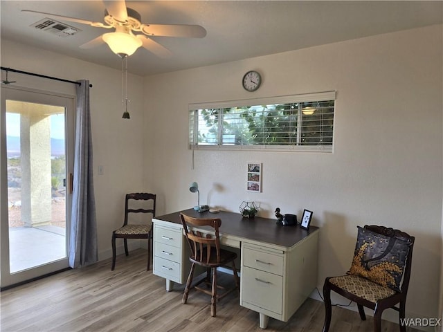 office area with ceiling fan, visible vents, and light wood-style flooring