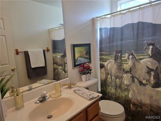 bathroom featuring vanity, a shower with shower curtain, and toilet