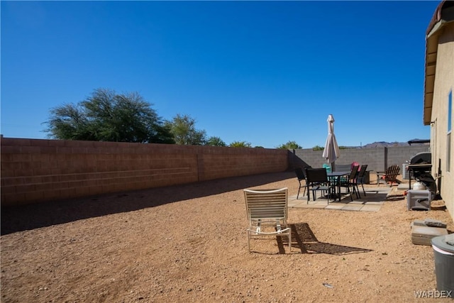 view of yard with a fenced backyard and a patio