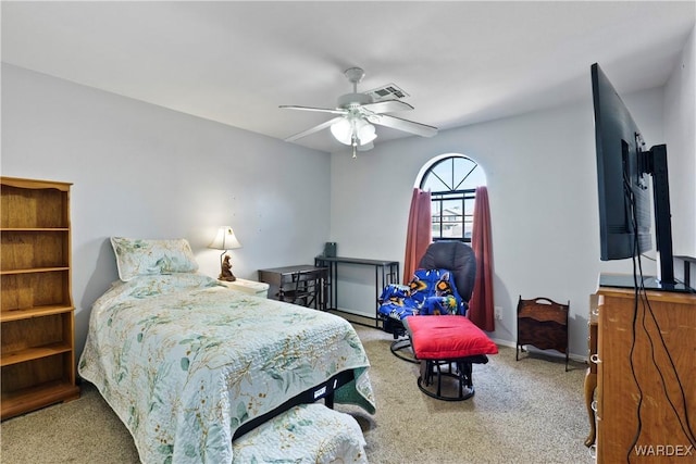 bedroom with baseboards, ceiling fan, visible vents, and carpet flooring