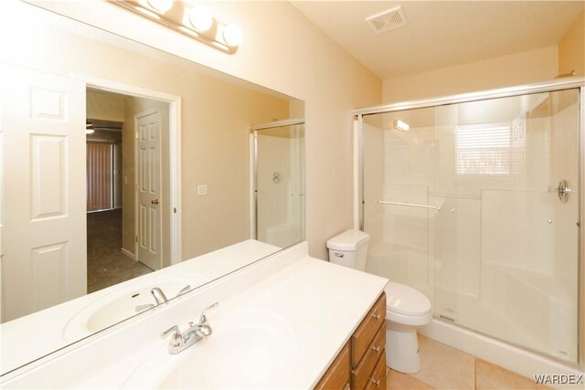 bathroom with visible vents, toilet, tile patterned floors, vanity, and a shower stall