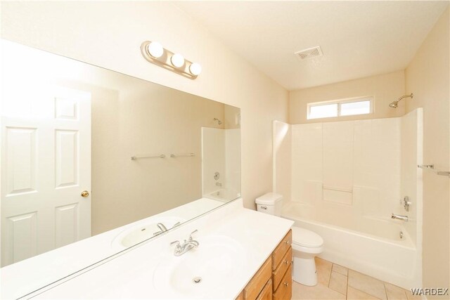 bathroom with shower / tub combination, toilet, visible vents, vanity, and tile patterned floors