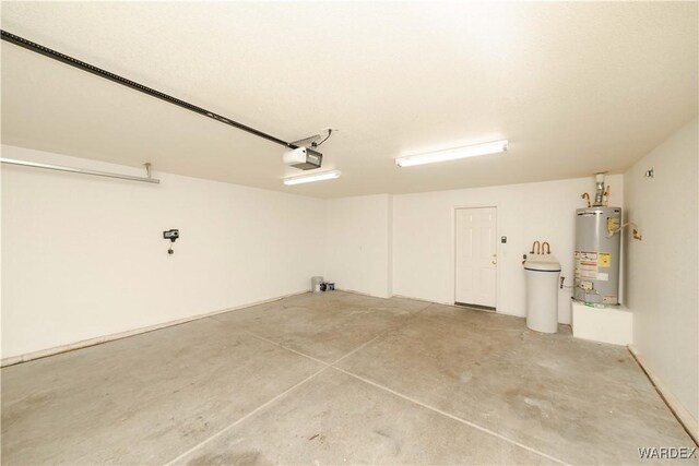 garage with gas water heater and a garage door opener