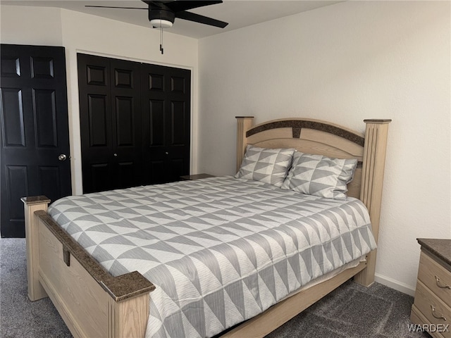 bedroom featuring carpet floors, a closet, a ceiling fan, and baseboards