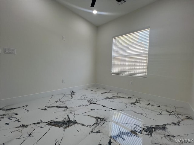 unfurnished room with visible vents, baseboards, a ceiling fan, and recessed lighting