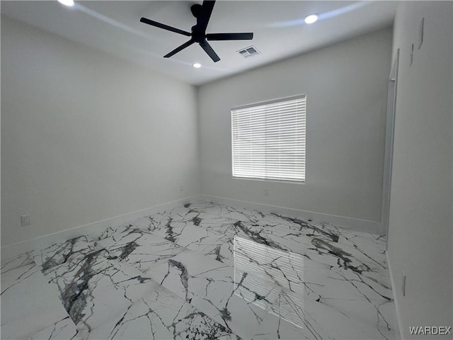 empty room featuring recessed lighting, visible vents, ceiling fan, and baseboards