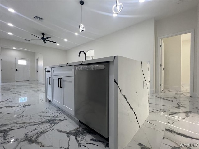 kitchen featuring marble finish floor, decorative light fixtures, recessed lighting, visible vents, and white cabinetry