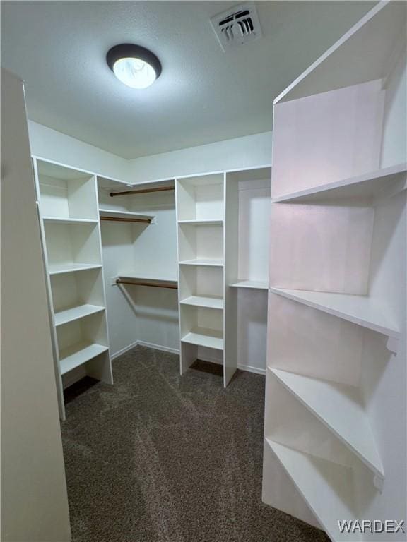 spacious closet with visible vents and dark carpet