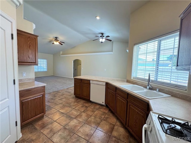 kitchen with a sink, ceiling fan, carpet flooring, and white appliances
