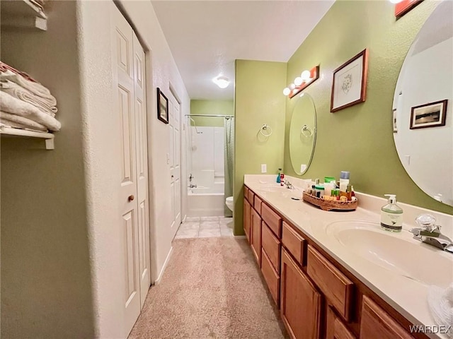 full bath with carpet, a closet, a sink, and toilet