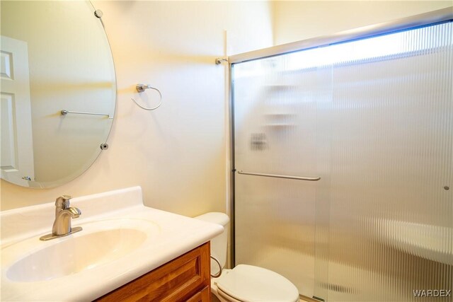 bathroom with a shower with door, vanity, and toilet