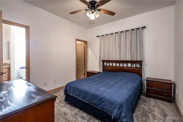 bedroom featuring connected bathroom, ceiling fan, carpet, and baseboards